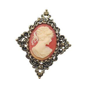 Vintage Cameo Signed GERRYS Gold Tone Victorian Brooch Pin Pendant Jewelry